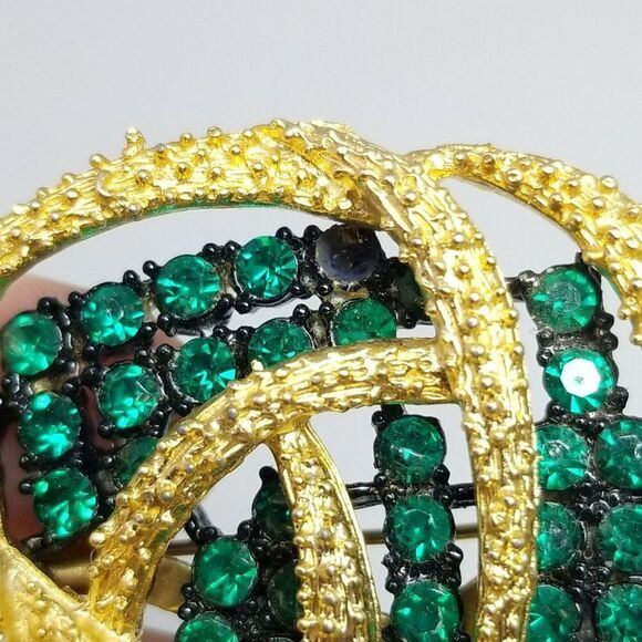 Vintage Green Rhinestone and Gold Tone Modernist Style Brooch Lapel Pin, Retro - Picture 4 of 6